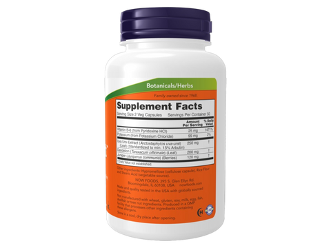 NOW Supplements Water Out Uva Ursi Dandelion Juniper Capsules 100 Capsules Supplement Facts label with herbal blend details