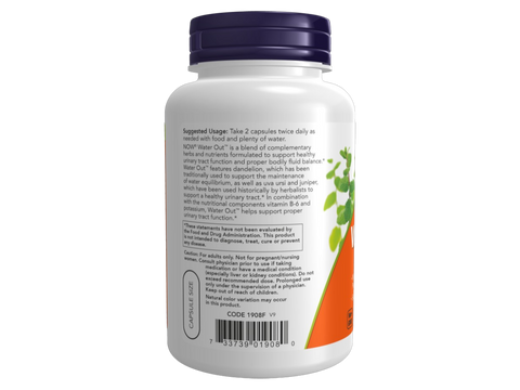 NOW Supplements Water Out Uva Ursi Dandelion Juniper Capsules 100 Capsules suggested usage directions and product barcode