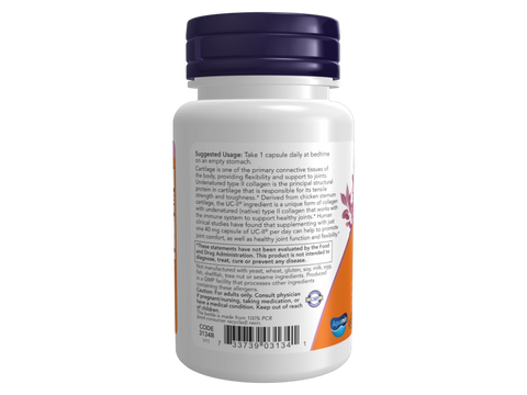 NOW Foods UC-II Joint Support Supplement with Undenatured Type II Collagen 60 Veg Capsules suggested usage directions and product barcode