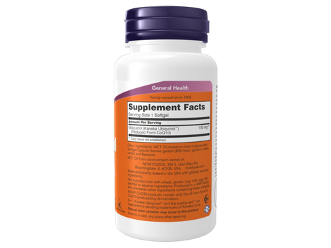 NOW Foods Ubiquinol 100 mg Active Form of CoQ10 with MCT Oil Softgels 60 Softgels Supplement Facts label with CoQ10 details