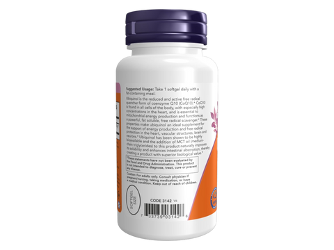 NOW Foods Ubiquinol 100 mg Active Form of CoQ10 with MCT Oil Softgels 60 Softgels suggested usage directions and product barcode