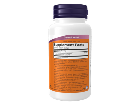 NOW Foods Ubiquinol 200 mg Softgels Active Form CoQ10 with MCT Oil 60 Softgels Supplement Facts label with CoQ10 details