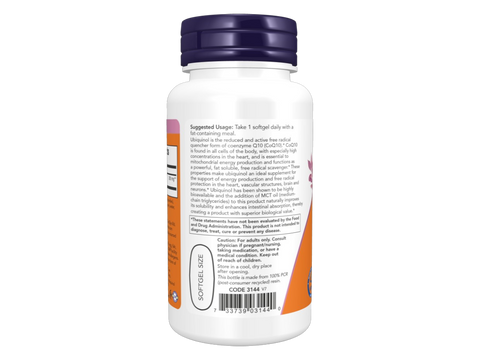 NOW Foods Ubiquinol 200 mg Softgels Active Form CoQ10 with MCT Oil 60 Softgels suggested usage directions and product barcode