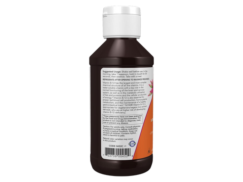 NOW Foods Ultra B-12 Liquid 5000 mcg with B-Complex and Folate 118 mL suggested usage directions and product barcode