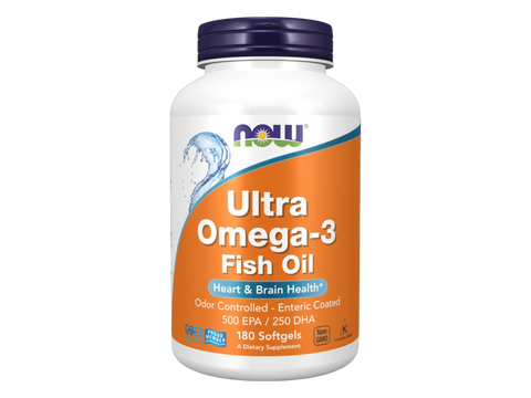 NOW Foods Ultra Omega-3 Fish Oil Softgels 500 mg EPA 250 mg DHA 180 Softgels front bottle view