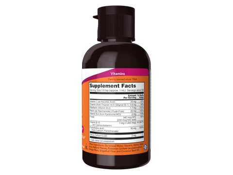 NOW Foods Vitamin B-12 Complex Liquid 1000 mcg with B Vitamins 59 mL Supplement Facts label with vitamin B complex details