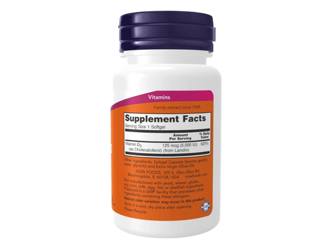 NOW Foods Vitamin D3 400 IU Softgels 180 Softgels Supplement Facts label with vitamin D3 details