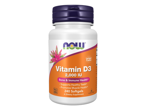 NOW Foods Vitamin D3 2000 IU Softgels 240 Softgels front bottle view