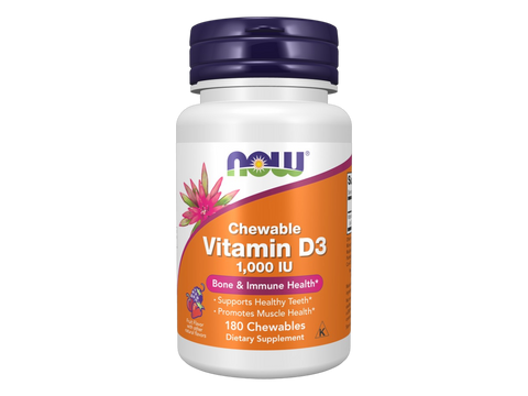 NOW Foods Vitamin D3 1000 IU Chewable Tablets 180 Chewable Tablets front bottle view