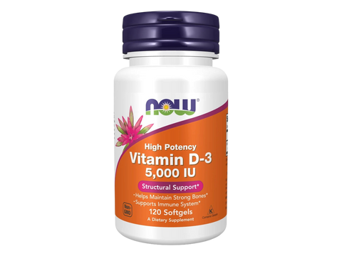 NOW Foods Vitamin D3 5000 IU Softgels 120 Softgels front bottle view