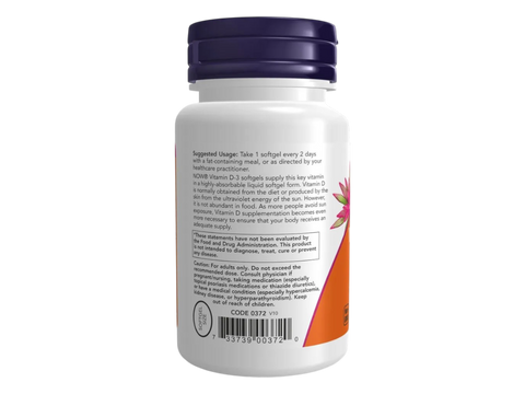 NOW Foods Vitamin D3 5000 IU Softgels 240 Softgels suggested usage directions and product barcode
