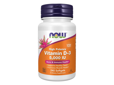 NOW Foods Vitamin D3 5000 IU Softgels 240 Softgels front bottle view