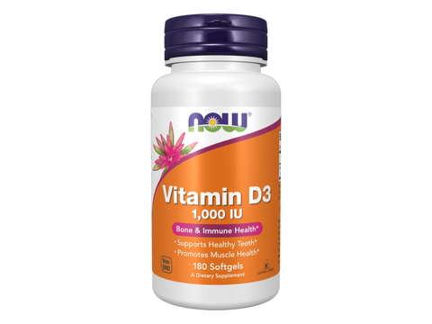 NOW Foods Vitamin D3 1000 IU Softgels 180 Softgels front bottle view