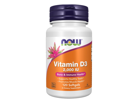 NOW Foods Vitamin D3 2000 IU Softgels 120 Softgels front bottle view