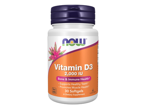 NOW Foods Vitamin D3 2000 IU Softgels 30 Softgels front bottle view