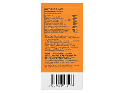 Natroceutics Activated B-Complex Advanced with L-Theanine 30 Capsules back view of box showing supplement facts ingredients and barcode