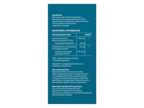 Natroceutics NRF2 Complex with Broccoli Sprout and TetraSOD 30 Capsules back view of box with product information