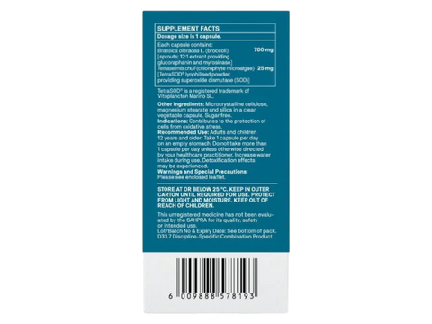 Natroceutics NRF2 Complex with Broccoli Sprout and TetraSOD 30 Capsules back view of box showing supplement facts ingredients and barcode