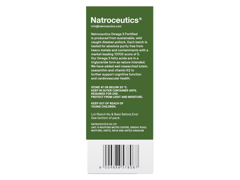 Natroceutics Omega-3 Fortified 60 Capsules back view of box showing supplement facts ingredients and barcode