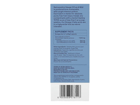 Natroceutics Omega-3 Pure and Wild 60 Capsules back view of box showing supplement facts ingredients and barcode