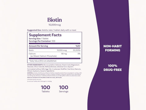 Ingredients and usage instructions for Natrol 10,000mcg Biotin tablets.