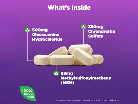 Supplement facts label and instructions for Natrol Glucosamine Chondroitin MSM joint support tablets.