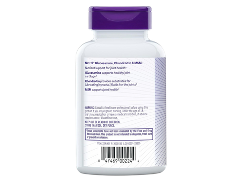 Supplement facts label and instructions  and barcode for Natrol Glucosamine Chondroitin MSM joint support tablets.