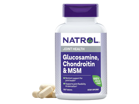 White bottle of Natrol Glucosamine Chondroitin and MSM tablets, 150 count, on a clean white background.