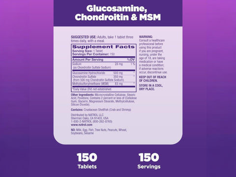 Supplement facts label and instructions for Natrol Glucosamine Chondroitin MSM joint support tablets.