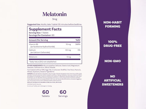 Ingredients and directions for Natrol 3mg Melatonin adult supplement.