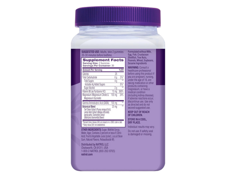 Back: Nutritional info & directions for Natrol Sleep & Restore Gummies.