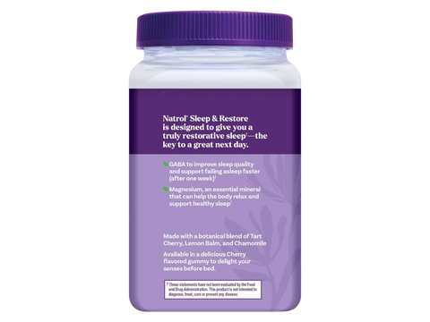 Back: Nutritional info & directions for Natrol Sleep & Restore Gummies.