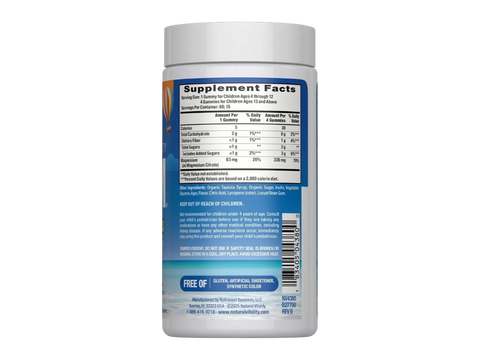 Natural Vitality CALM Kids Magnesium Gummies Sweet Citrus Supplement Facts & barcode Label 60 Gummies