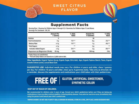 Natural Vitality CALM Kids Magnesium Gummies Sweet Citrus Supplement Facts Label Gummies