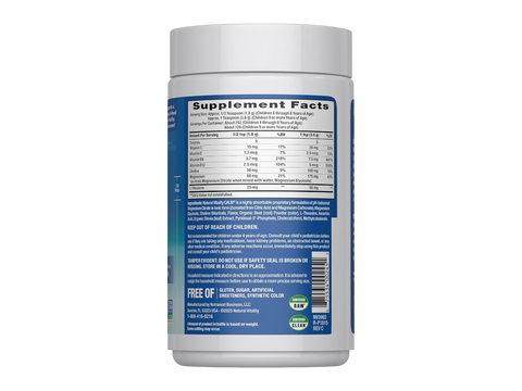 Natural Vitality CALM Kids Magnesium Supplement Powder Mixed Berry Flavour Supplement Facts & barcode Label 453g Powder