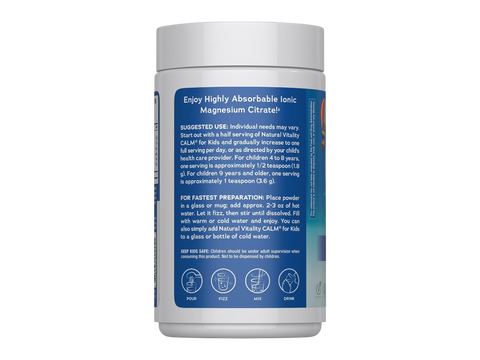 Natural Vitality CALM Kids Magnesium Supplement Powder Mixed Berry Flavour How to Use Instructions Drink Mix Preparation 453g Powder