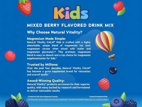 Natural Vitality CALM Kids Magnesium Supplement Powder Mixed Berry Flavour Lifestyle Image Supports Calm and Relaxation for Kids 453g Powder