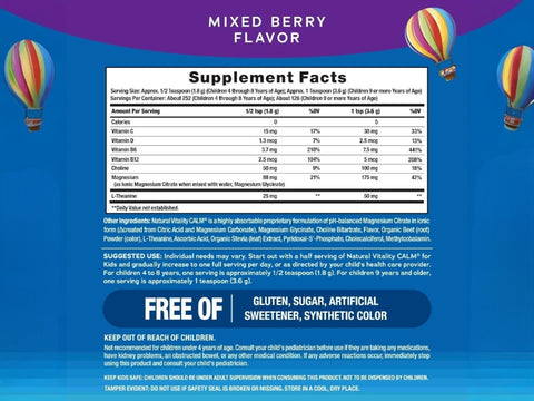 Natural Vitality CALM Kids Magnesium Supplement Powder Mixed Berry Flavour Supplement Facts Label 453g Powder