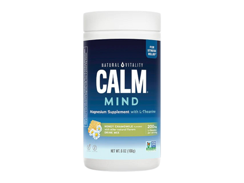 Natural Vitality CALM MIND Magnesium plus L-Theanine Drink Mix Honey Chamomile Powder 168g Container Front View
