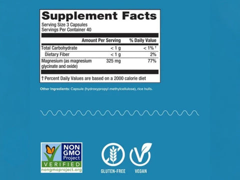 Natural Vitality CALM Magnesium Glycinate 325mg Capsules Supplement Facts Label 120 Vegan Capsules