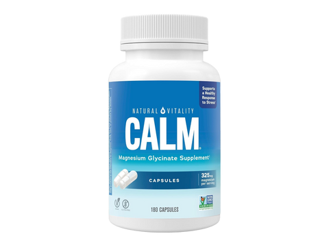 Natural Vitality CALM Magnesium Glycinate 325mg Capsules Supplement Bottle 180 Vegan Capsules Front View