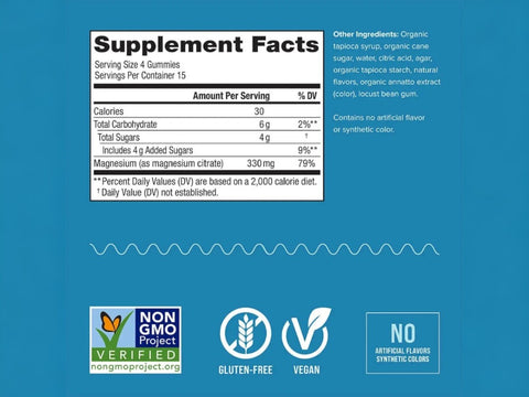Natural Vitality CALM Magnesium Gummies 330mg Orange Flavour Supplement Facts Label 120 Gummies