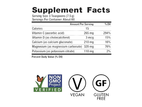 Natural Vitality CALM Plus Calcium Magnesium Drink Mix Original Unflavoured Supplement Facts Label Powder