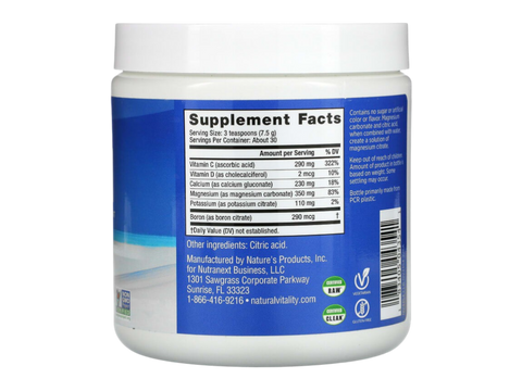 Natural Vitality CALM Plus Calcium Magnesium Drink Mix Original Unflavoured Supplement Facts & barcode Label 226g Powder