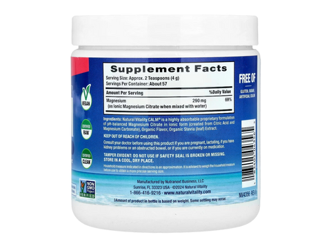 Natural Vitality CALM Magnesium Anti Stress Drink Mix Watermelon Flavour Supplement Facts & barcode Label 226g Powder