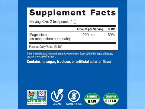 Natural Vitality CALM Magnesium Anti Stress Drink Mix Watermelon Flavour Supplement Facts Label 226g Powder