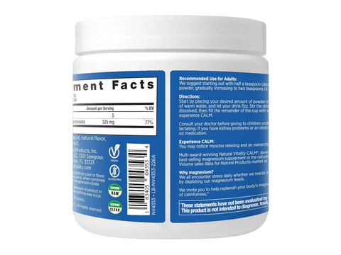Natural Vitality CALM Magnesium Drink Mix Cherry Flavour Supplement Facts & barcode Label 226g Powder