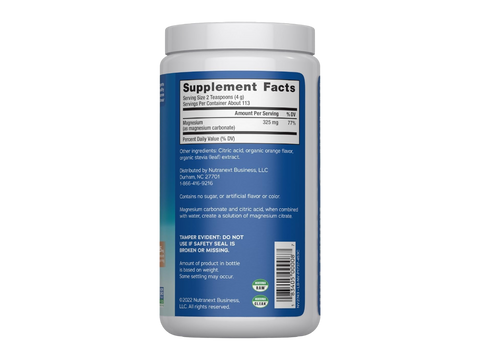 Natural Vitality CALM Magnesium Drink Mix Orange Flavour Supplement Facts & barcode Label 226g Powder