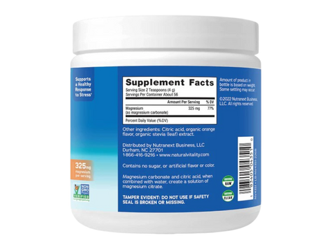 Natural Vitality CALM Magnesium Drink Mix Orange Flavour Supplement Facts & barcode Label 226g Powder