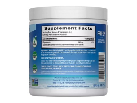 Natural Vitality CALM Magnesium Drink Mix Original Unflavoured Supplement Facts & barcode Label 226g Powder